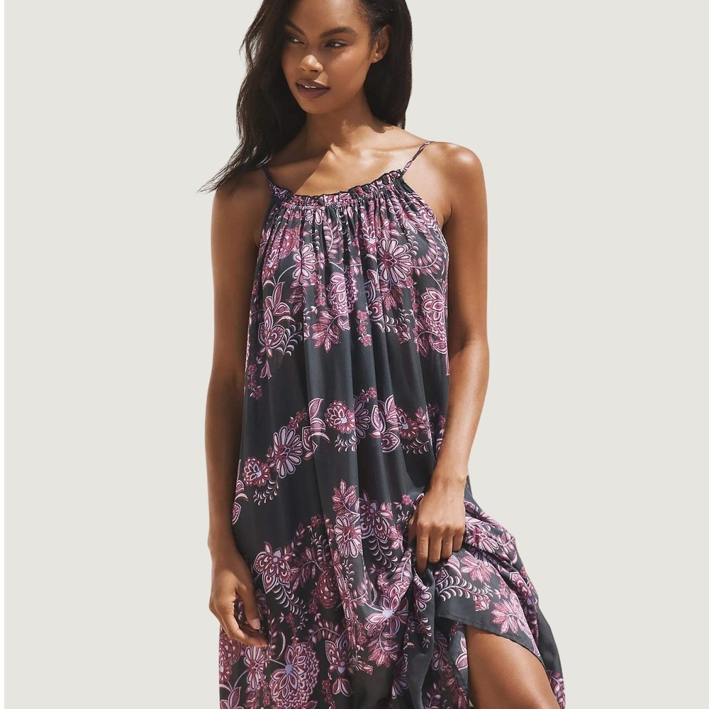 Anthro The Malika Dress Floral Edition Maxi M Black Modal Tiered Boho Resortwear